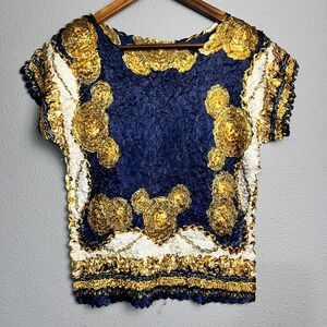 Y2K Crinkle Baroque Blouse Gold Chain Print Stretch Top Retro VTG Club M/L‎